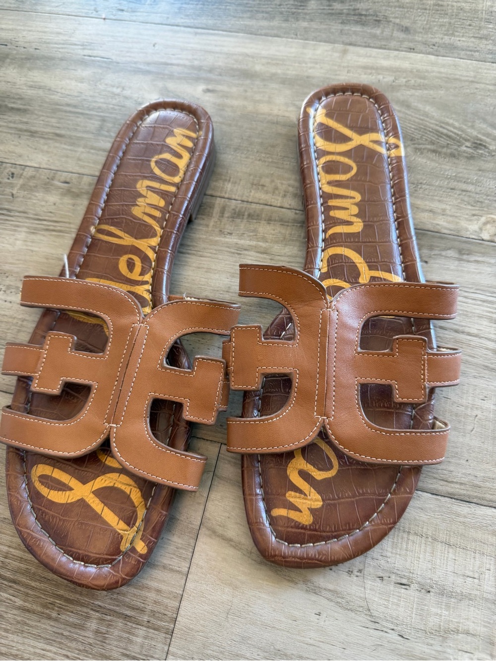 Sam Edelman Bay Slide Sandals Cognac Saddle Leather Croc Footbed 11